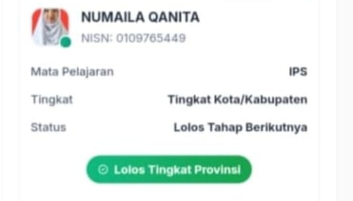 Numaila Qanita, Duta MTsN 2 Kota Pariaman Menuju OMI Tingkat Provinsi